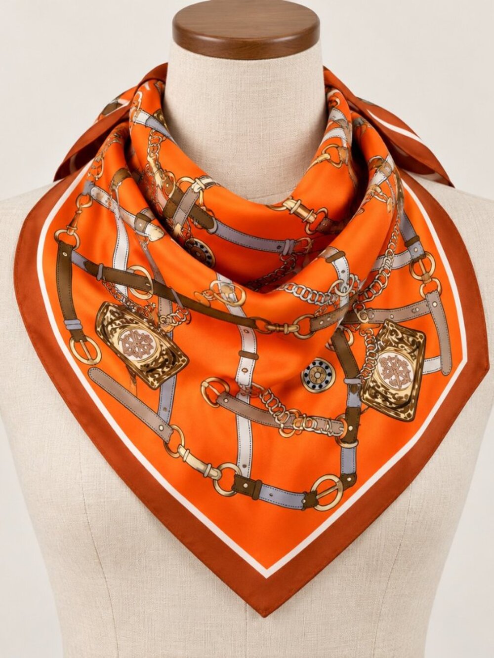 Orange Equestrian Square Scarf – 100% Mulberry Silk
